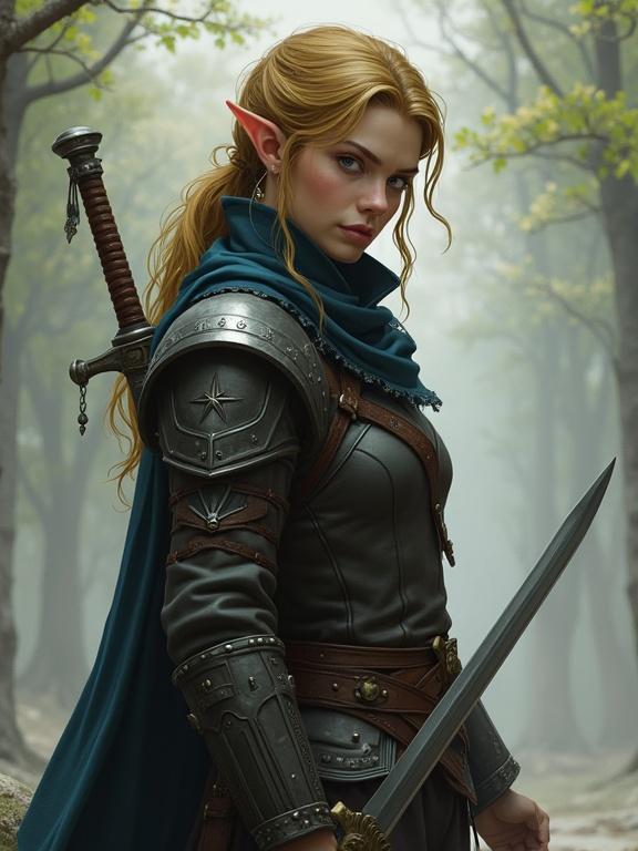 Fantasy half-elf character depicted in comic book style. Character shown from the side with a dutch angle. Looking directly at the viewer wearing a comfort cloak. Equipped with two short swords and an investigator badge. Set in a medieval forest environment.