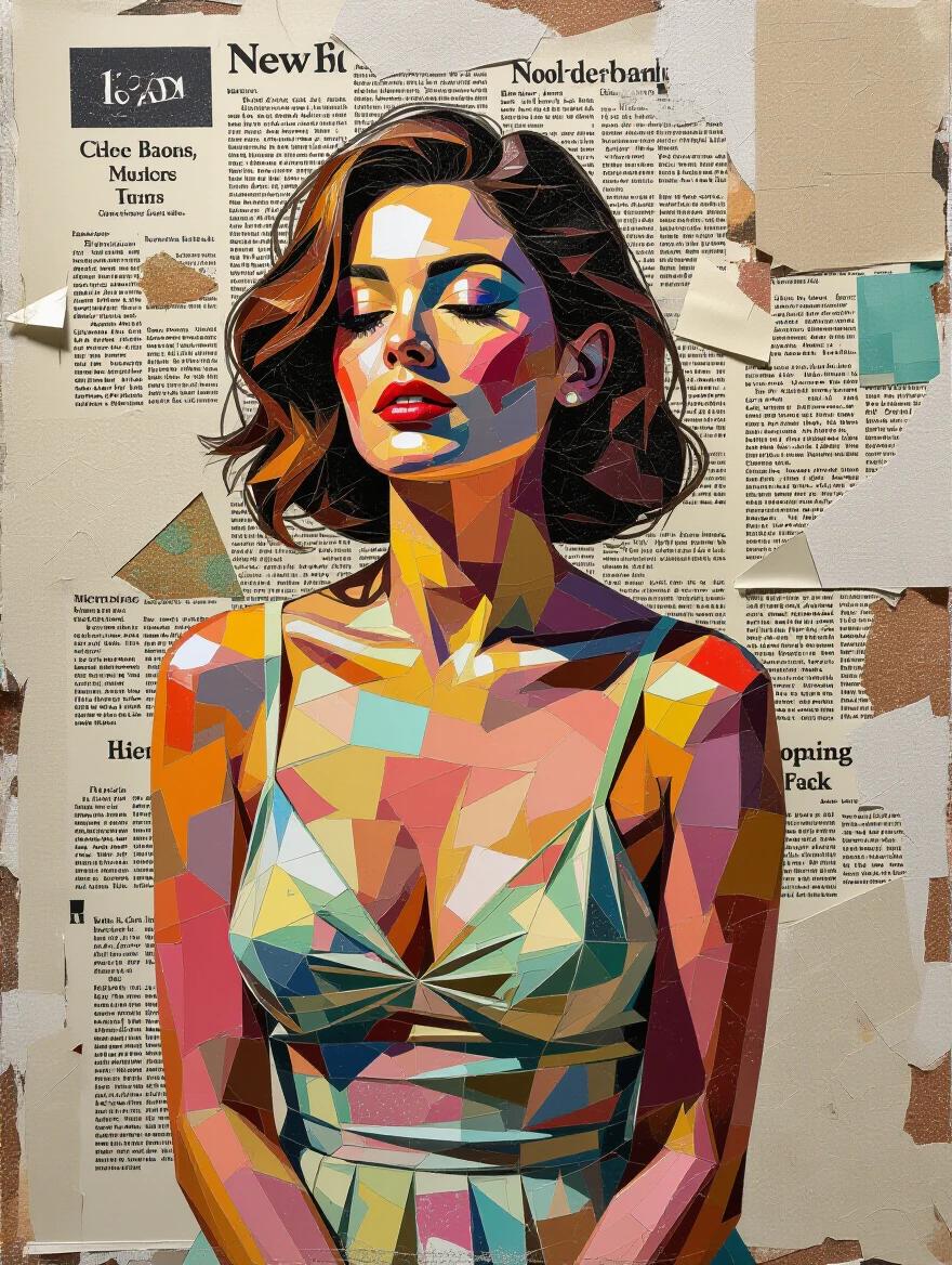 A mixed media artwork featuring a woman. Luminous colors create depth. Various textures include newspaper, jute, and glittering confetti. Theartwork combines impasto painting with collage elements resulting in a stunning composition.