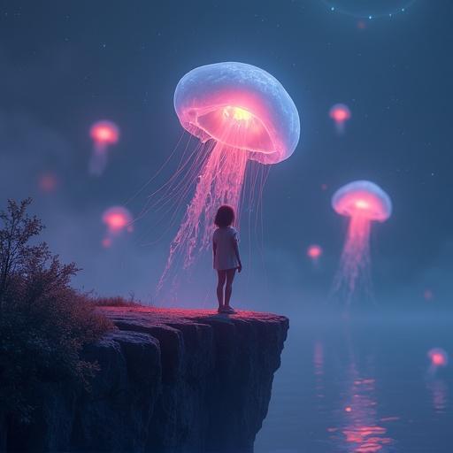 Lone girl at night standing on the edge of a glowing cliff with floating jellyfish in the air. Dreamcore aesthetic, ultra-detailed environment, HiDream style.