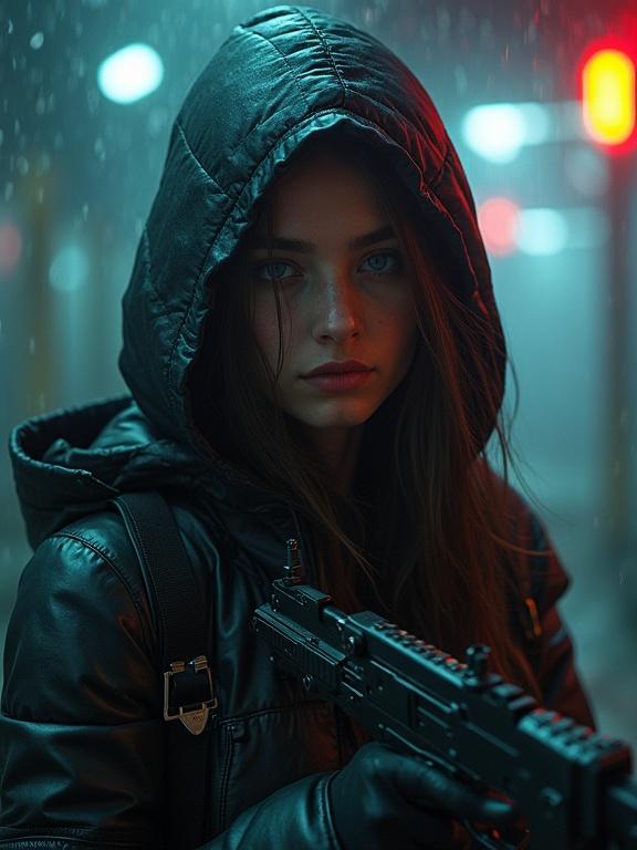 Portrait of a young woman with a hooded jacket holding a custom gun. The scene has a cyberpunk aesthetic with neon lights and rain in the background. Cinematic lighting enhances the atmosphere.