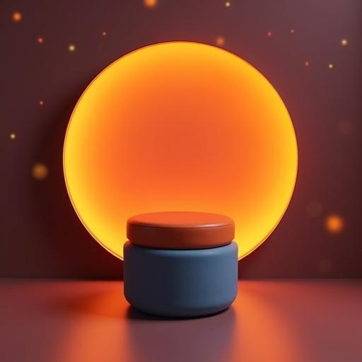 Modern minimalist stool with orange cushion and gray base. Wider and shorter proportions create a low-profile look. Broad base connects to wider gray platform for stability. Background features large thin black circular frame with glow. Rich Diwali gradient in background with golden bokeh lights. Diffused lighting enhances elegance and warmth.