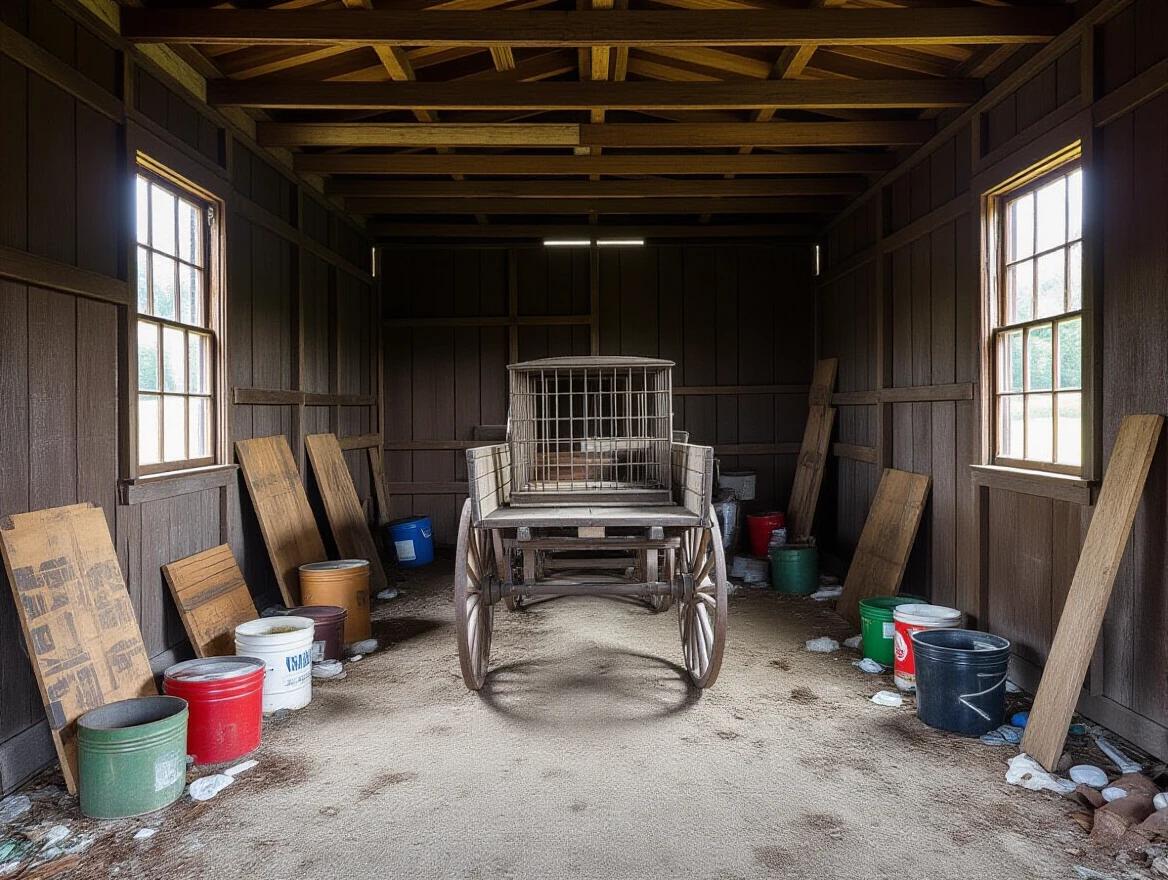 Interior view of a dark barn built in 1890. Abandoned space with wooden wagon in the center. Metal cage on the wagon. Various junk items scattered around. Barn constructed with clapboard. Natural light from windows illuminates the scene.