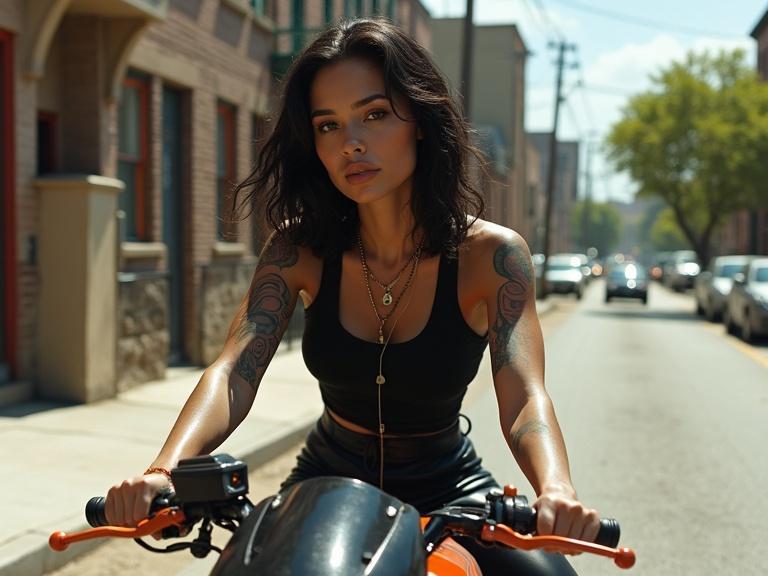 Photo realistic image depicting a mixed race girl with dark shoulder length curly hair. She has tattoos on her arms and is wearing a black tank top and leather pants. She rides a sleek black and orange motorcycle. The scene is set on a sunny day in an urban area surrounded by houses and trees.