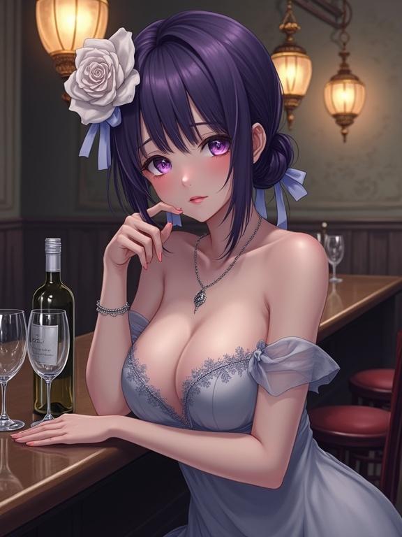 A semi-anime-style sexy woman with dark violet hair partially tied back. She has a large white rose and light blue ribbons. Striking violet eyes show a slightly pensive expression. Wearing an elegant off-the-shoulder light gray dress with lace detailing and sheer sleeves. Leaning on a dark bar counter with several wine glasses and a bottle of white wine in front. Background has muted tones, textured walls, ornate hanging lamps, creating a refined atmosphere in a stylish bar or lounge in Sakai, Osaka, Japan.