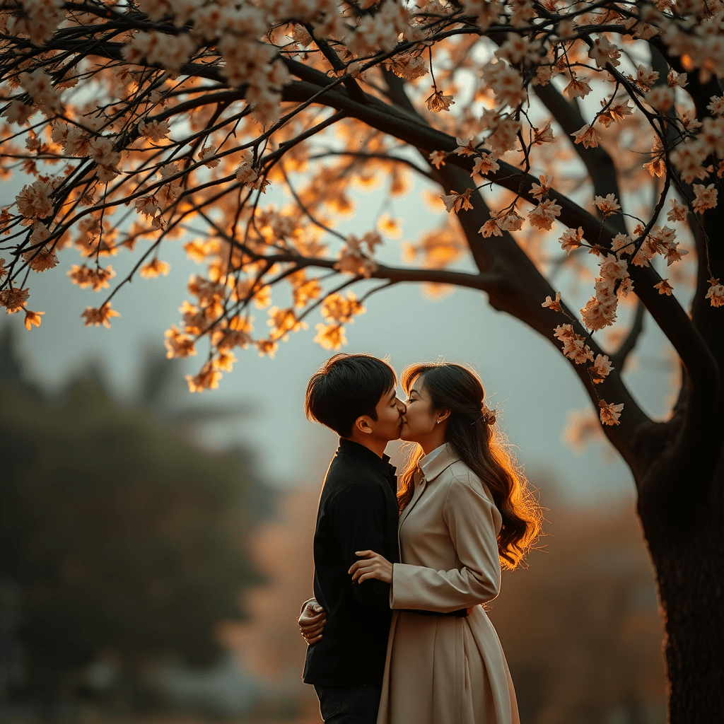 A couple shares a tender kiss under a blooming cherry blossom tree with warm, golden light illuminating them.