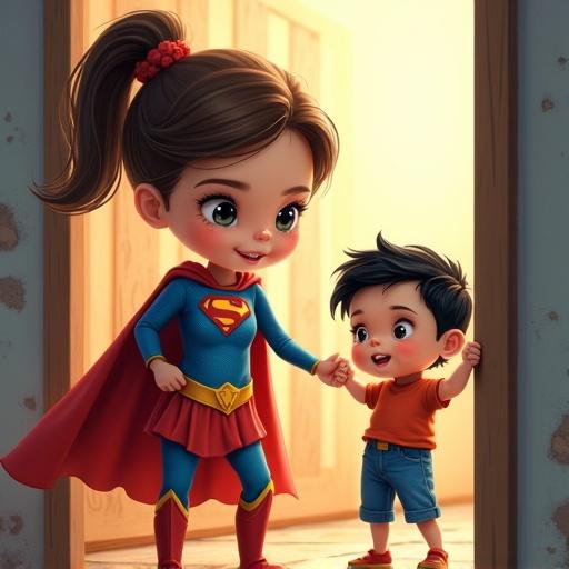 Caricature style featuring a 6-year-old girl with light brown hair in a Superwoman costume holding hands with a 1-year-old boy. The boy has medium-length black hair and white skin. The setting shows a house gate closing, highlighting a moment of action and protection.