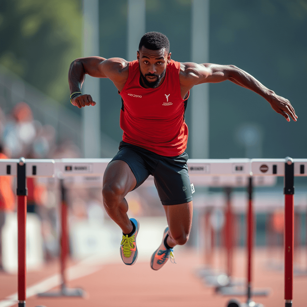 An athlete mid-air leaping over hurdles during a race on a track.