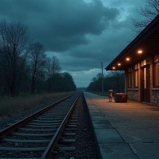 Deserted railway station at dusk. Flickering lights illuminate the platform. An abandoned suitcase is on the ground. A stray dog stands next to a ball on the platform. Ominous clouds gather overhead.