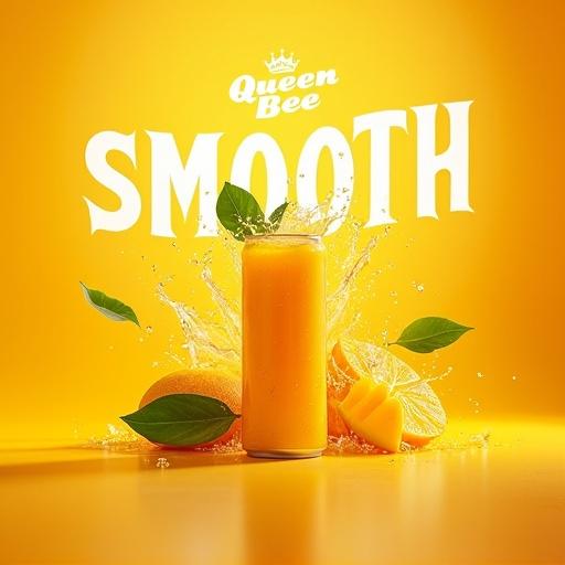 Vibrant product shot advertisement features chilled can of Queen Bee Mango drink. Can is central and angled slightly upward. Juice splashes erupt around can. Floating mango slices and green leaves surround. Soft diffused studio lighting enhances freshness. Delicate mist and water droplets on can and floor. Large text overlay reads 'SMOOTH' in modern font. Bold yellow gradient background mirrors tropical essence. Queen Bee logo is subtly placed. Aesthetic is radiant and cinematic with shallow depth of field and high resolution.