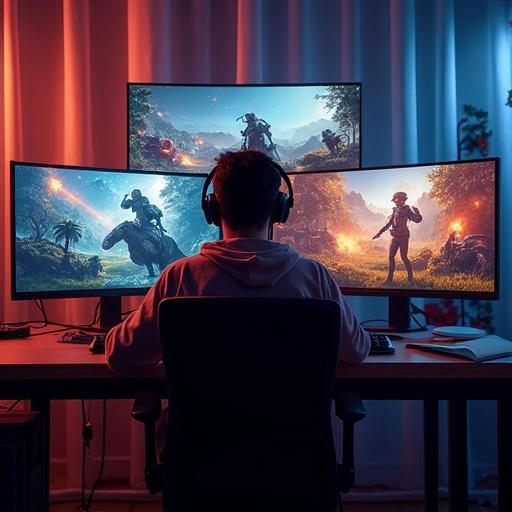 Player sits at a modern gaming station with multiple screens. Each screen displays different games with a unified achievement panel. The lighting is warm. Focuses on seamless game connection. A realistic setup showcases a dedicated gaming environment.