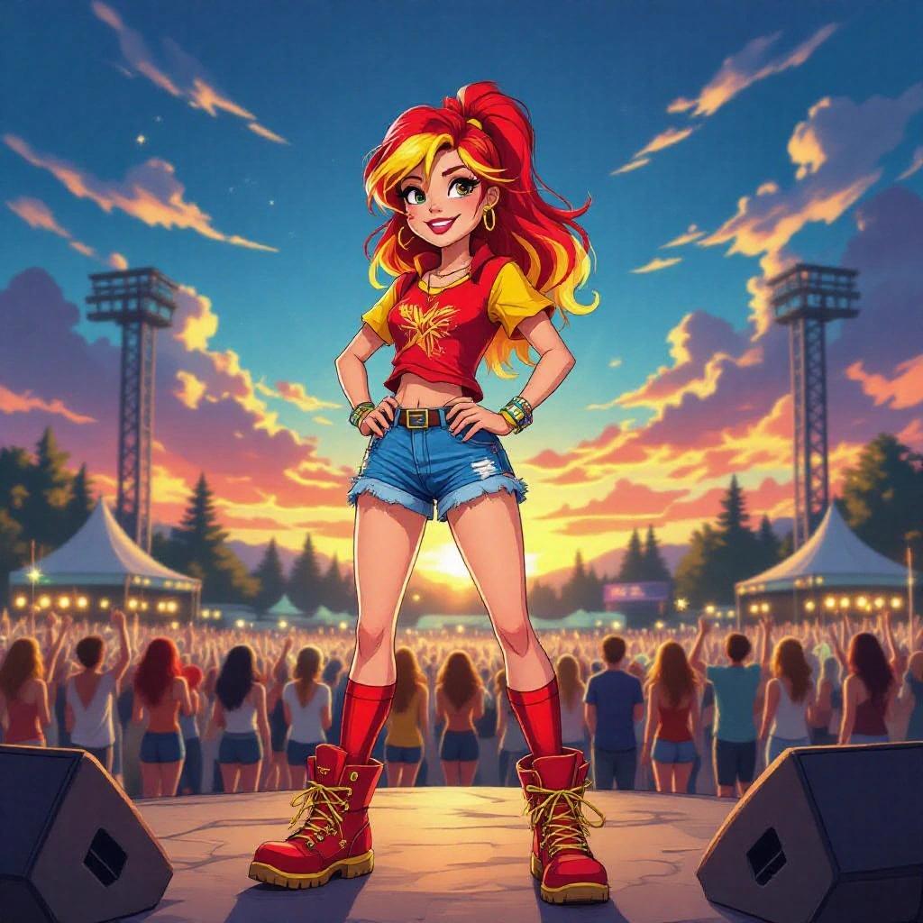 Sunset Shimmer at a summer music festival. She watches a nighttime performance on the main stage. Human girl with red and yellow hair. She's wearing a red and yellow shirt, blue denim shorts, red socks and shiny red hiking boots with yellow laces and red soles.