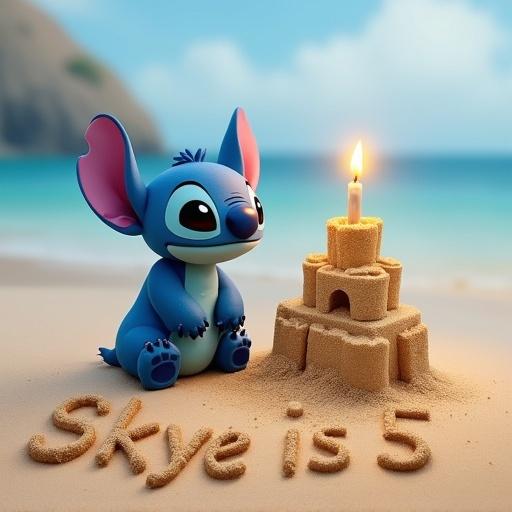 A cartoon Stitch character sitting on a beach next to a sand castle with a candle on top. The sand has the words 'Skye is 5' written in it.
