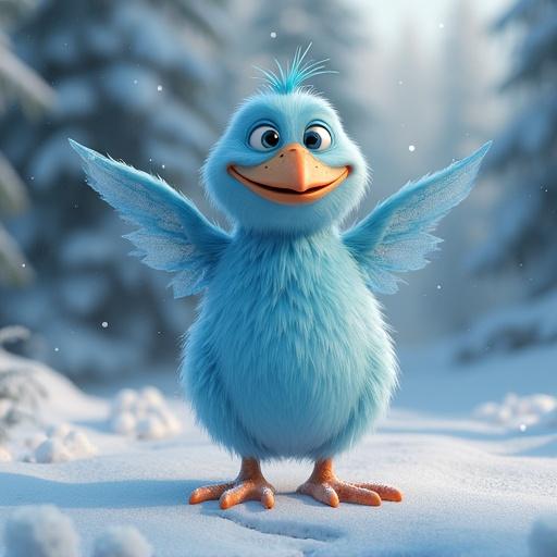 Cute 3D cartoon bird with bright blue feathers and wings outstretched in a cheerful pose on a transparent background.