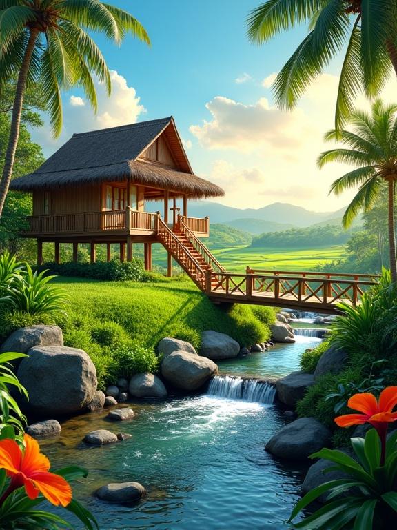 Idyllic tropical landscape with a traditional-style elevated house surrounded by lush greenery and a flowing stream. The wooden house has a thatched roof and a wide veranda. A small wooden bridge spans the stream. Bright flowers and vibrant plants fill the foreground, while rolling hills and a sunset sky complete the scene.