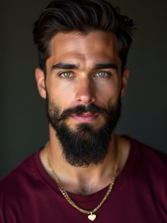 Close up portrait of a young man with green eyes and long beard. He wears a burgundy t-shirt. The man has dark hair and a muscular physique. He is in a frontal pose wearing a gold necklace, looking confident and alluring.