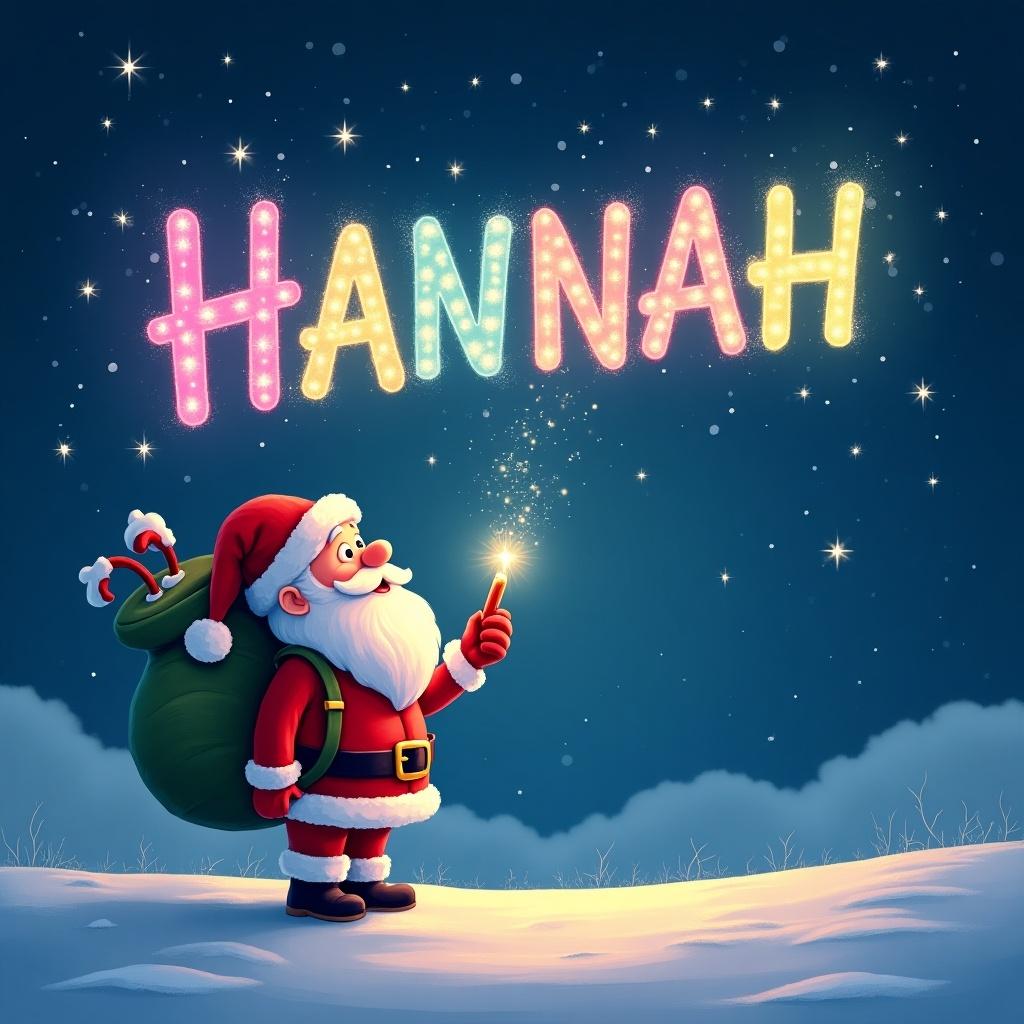 This image features a charming Christmas scene with Santa Claus standing in the snow, looking up. He is joyfully writing the name "HANNAH" in colorful letters in the night sky using a sparkling glow pen. The vibrant text shines against a beautiful starry background, illuminating Santa's cheerful expression. A large bag of presents rests at his feet, enhancing the festive atmosphere. The color scheme incorporates traditional Christmas colors like red and green, adding to the holiday spirit. This delightful depiction captures the magic of Christmas and personalization.