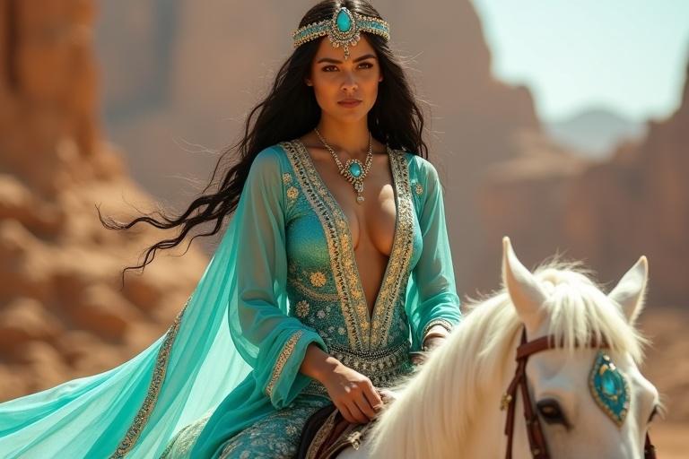 Princess in turquoise outfit with gold embroidery rides white horse in canyon. Her deep V-neckline is bordered with gold. She wears a jeweled headpiece. Expression is confident.