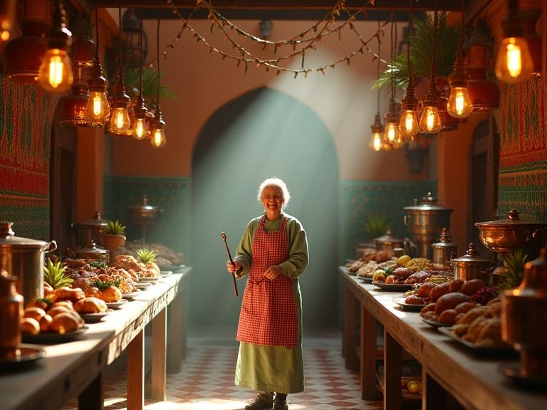 Vertical portrait of a Moroccan kitchen. Traditional decor with a smiling woman in a green dress. Copper pots and pans hang around her. Tables filled with foods like roasted chickens and fruits. Soft light from bulbs and sunlight beams create a warm atmosphere.