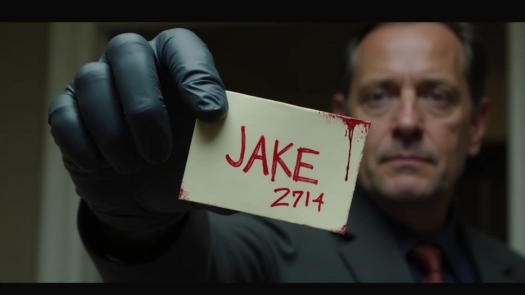 A gloved hand holds a bloodstained note with the name 'JAKE' and numbers '2714'. The scene suggests mystery and detective work. Lighting creates a tense atmosphere. The note is central and vivid against a dark background.