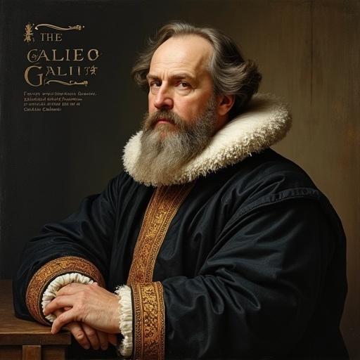 Portrait of Galileo Galilei with a thoughtful expression. He has a distinctive beard. Wears Renaissance clothing. Includes stars or a telescope in the background. Text at the bottom reads 'E pur si muove.'