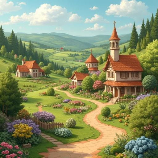 A picturesque countryside village with charming houses and vibrant gardens. Rolling hills and blue skies fill the background. A winding path leads through blooming flowers.