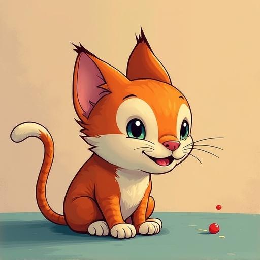 A cute and colorful illustration of a playful orange cat sitting on a flat surface. The cat has bright green eyes and an expressive smile, with a mischievous look while watching a red dot. The overall design is inspired by Alberto Mielgo's visual style.