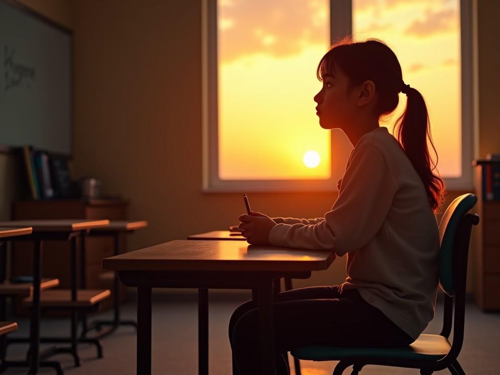 A young girl sits in a classroom, looking contemplative as the sun sets outside. The warm orange and yellow hues of the sunset create a beautiful silhouette of her profile. She holds a pen in her hand, suggesting she is lost in thought or writing. The room is sparsely decorated, with a few desks and a blackboard in the background. The overall atmosphere is one of tranquility and introspection.