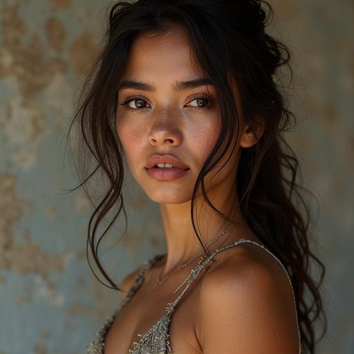 Image of a woman with long hair. She has warm skin tones with natural makeup. Close-up portrait showcasing her facial features and expression.