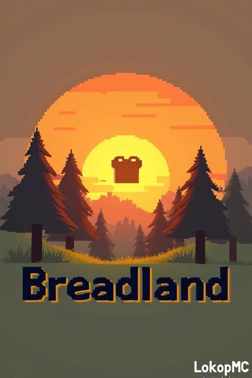 Logo for Minecraft server named Breadland. Orange sunset is featured. Pixel trees and grass surround the scene. Center has a bread pixel icon. Text reads Team server og lagring. Icon style is modern.