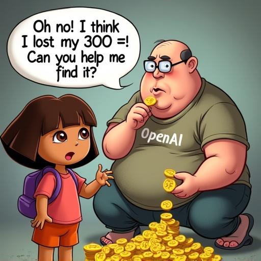 Cartoon style. Dora the Explorer is standing surprised with dark skin, brown eyes, brown hair. Speech bubble says, 'Oh no! I think I lost my 300 ⚡️! Can you help me find it?'. Obese middle aged man in a dirty t-shirt with 'OpenAI' is sitting behind her, eating yellow ⚡️. Yellow ⚡️ scattered around him.