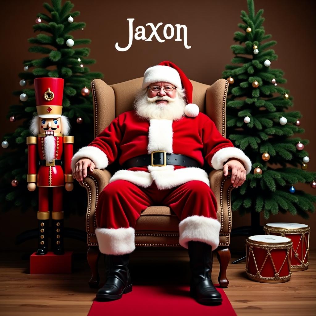 The image showcases Santa Claus sitting comfortably on a luxurious chair. He is wearing his signature red suit, complete with a fluffy white trim. His cheerful demeanor is amplified by his jolly smile and iconic white beard. Beside him stands a nutcracker soldier, adding a festive touch. In the background, there are plush Christmas trees adorned with ornaments. A red carpet leads up to Santa, enhancing the holiday theme, while traditional drums are placed nearby for decoration. The overall feel of the scene is warm and inviting, perfect for celebrating the Christmas season. Above, a name 'Jaxon' is playfully displayed.