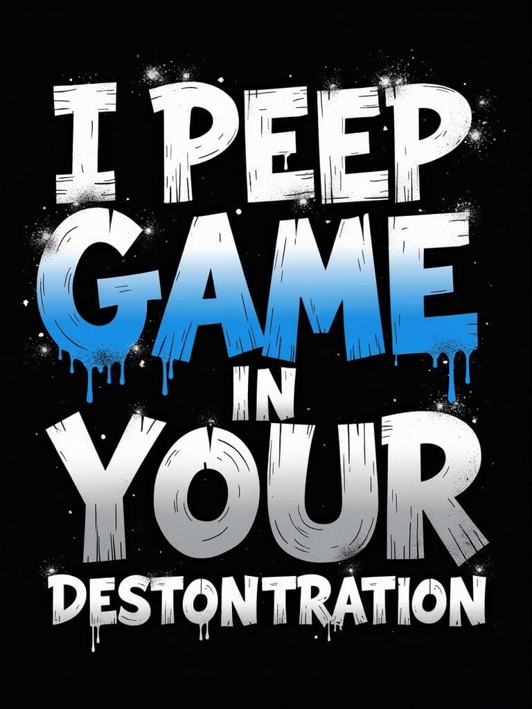 Graffiti artwork features bold letters. Text reads 'I Peep Game In Your Demonstration'. Colors used include black white royal blue grey. Dark black background contrasts with vibrant letters.