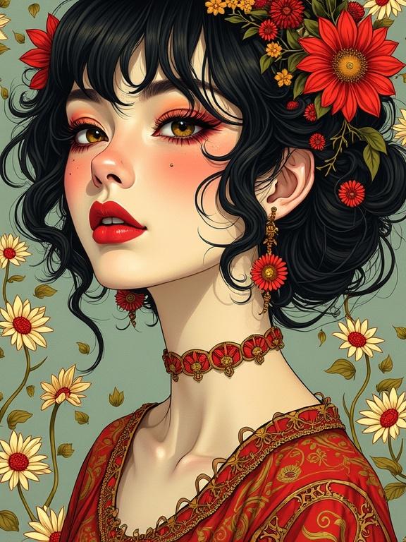 Digital artwork featuring a woman with intricate linework. Blended aesthetics of haberdasherypunk, lineartpunk, and Bollywoodpunk. Floral adornments in hair and attire.