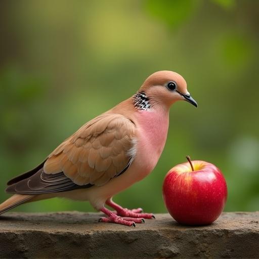 A dove is sitting beside a bright red apple. The dove has soft peach and brown feathers. Background is softly blurred greenery. Smooth textures and gentle lighting create tranquility.