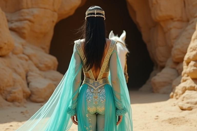 Tall white skin woman in turquoise Arabian princess outfit with gold embroidery. Shiny black hair, deep V-neck, bold jeweled headpiece. Riding a white horse toward a glowing stone nook in the canyon. Veil floating. Expression shows determination.