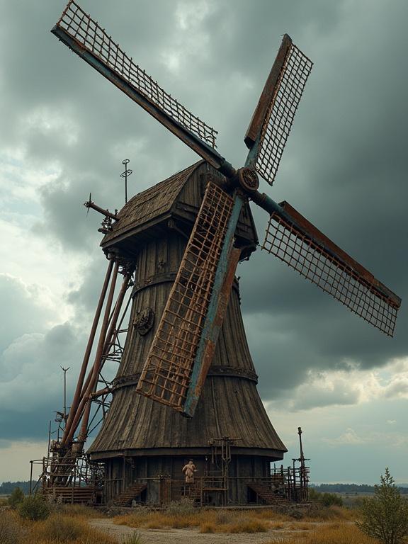 Intricately mechanized windmill with copper pipes and brass gears. Worn wooden blades against a dramatic stormy sky with misty clouds. Style blends Syd Mead with Ash Thorp and James Ng's detail.