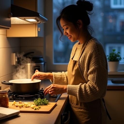 In a small kitchen in Vancouver, a young Southeast Asian woman from Myanmar prepares dinner. She wears an apron over a cozy oversized sweater. Hair is tied in a loose bun. Steam rises from a pot on the stove. A cutting board with sliced ginger garlic and green chilies is nearby. The countertop has a rice cooker and a jar of fish sauce. An open laptop faces her side. A little plant sits on the window sill. The room features warm lighting. It is evening with dark outside the windows. She looks tired but happy wearing no makeup. Hair is loose and messy. Clothes appear worn-in and the apron is slightly dirty. The kitchen is slightly untidy.