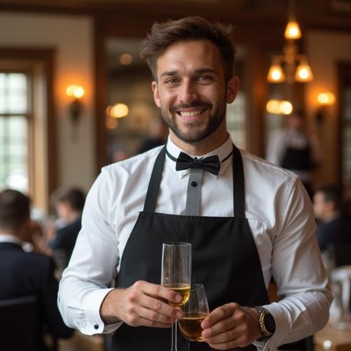 Waiter in restaurant smiling and holding drinks in a joyful setting with guests in background.