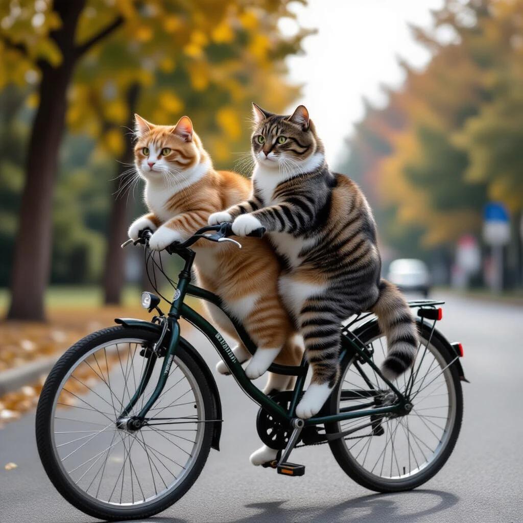 Two cats ride a bicycle in a side view. One cat is orange and white; the other cat is brown and black. They appear relaxed as they enjoy a sunny day. Background features autumn colors with trees lining the street. The street is quiet.