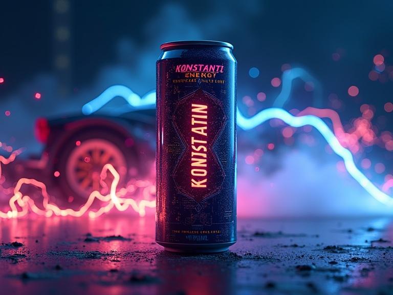 Futuristic energy drink can design featuring 'KONSTANTIN ENERGY'. Electric circuit design and lightning splashes create a dynamic presentation. Background highlights a sleek show car silhouette in a foggy atmosphere. Epic visual appeal.