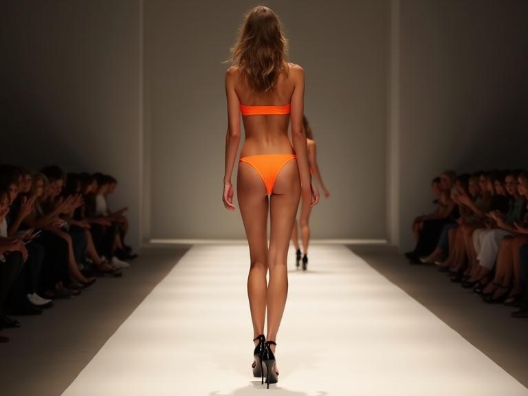 Photo of a model wearing an orange thong bikini and black high heels walking on a catwalk at a fashion show. The model has light brown hair and a tan. The perspective is from the rear.