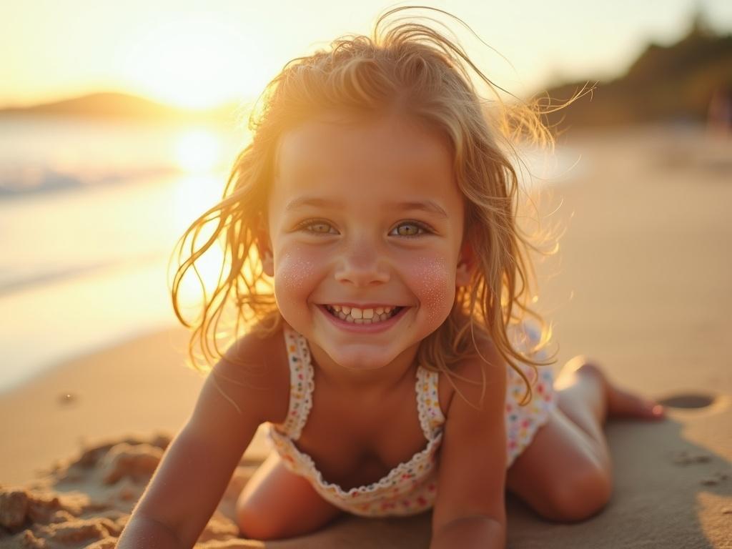 Highly realistic image of a young girl playing on the beach. She enjoys the sand under sunny weather. Sunrays create a glow effect in the background. Scene captures her smile and happiness. Focus on her joy while playing in the sand. Depth of field adds interest to the image.
