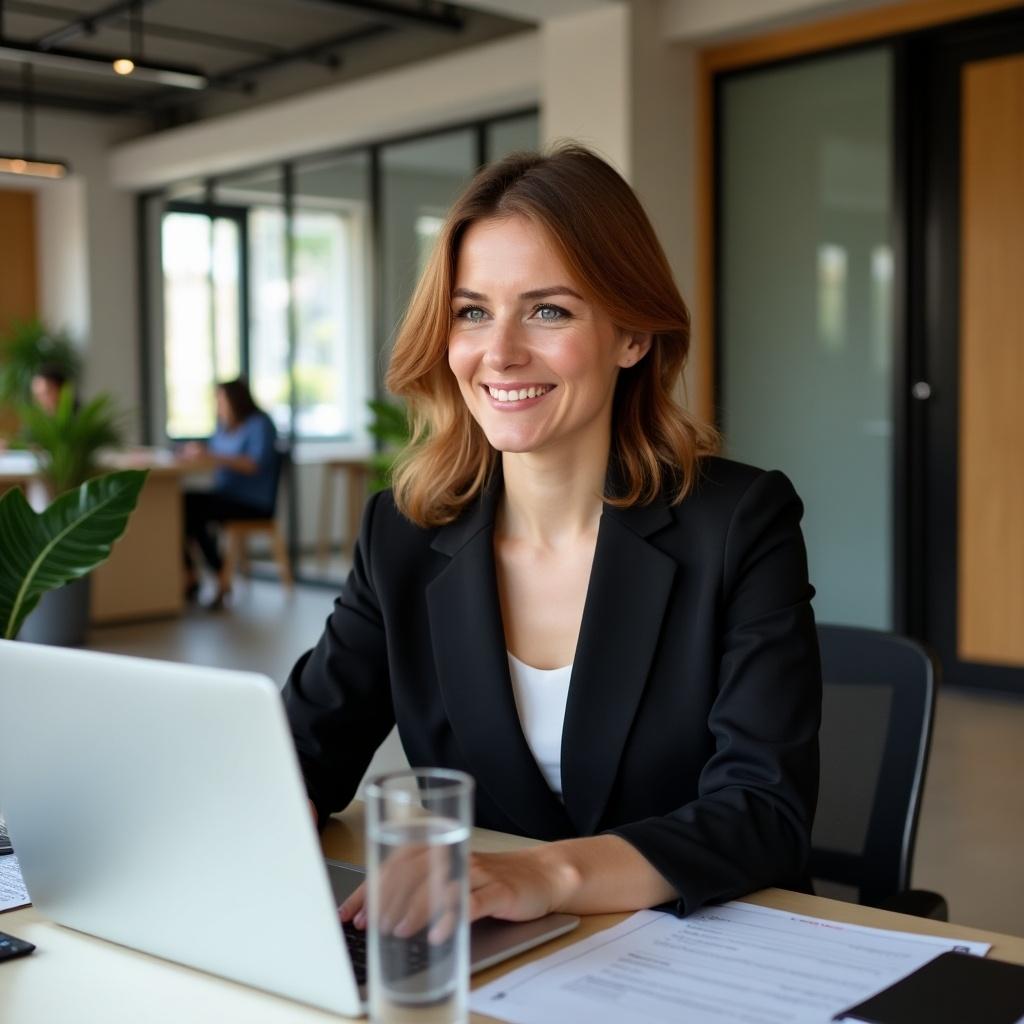 Image of a professional woman seated at a desk in a modern office. Light brown hair, wearing a black blazer. Focused and engaged, working on laptop. Desk contains glass of water, office supplies, and documents. Background shows contemporary mix of wood and concrete, with plants for ambiance.