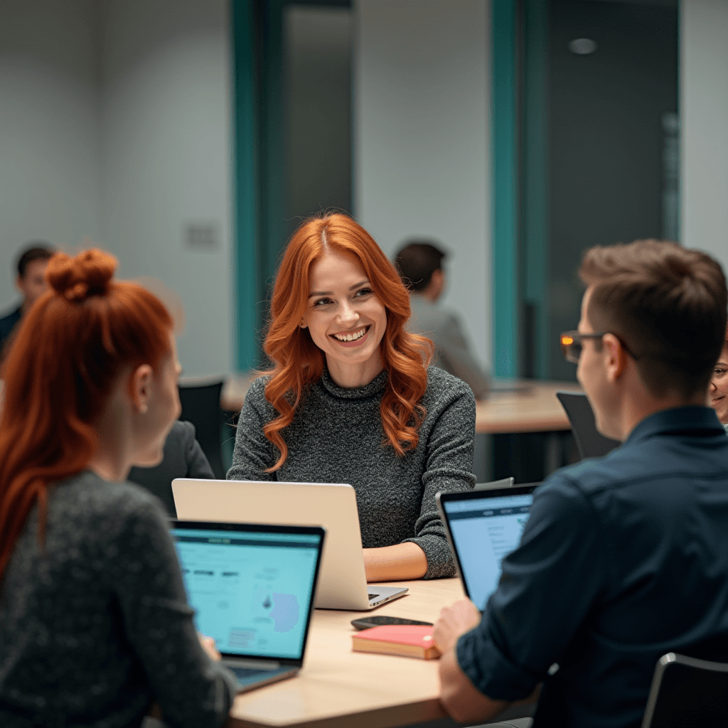 The image depicts a group of young adults engaged in a lively discussion in a modern office or study setting. The central figure is a woman with long red hair, wearing a gray sweater and smiling at her colleagues. She is seated at a table with two others who are also working on laptops. The environment is well-lit with a focus on collaboration and communication, as indicated by the open laptops displaying web pages and documents. The room has a contemporary feel, with teal accents on the walls and large windows allowing natural light to enter. The mood is positive and focused, suggesting a productive group meeting or study session.