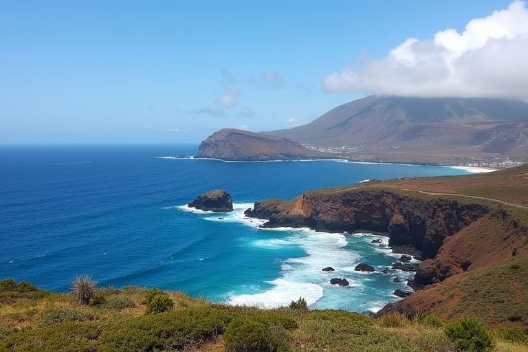 Photo depicting a stunning coastal landscape of Canary Islands with blue ocean waves crashing against rocky shores and lush greenery in the foreground.