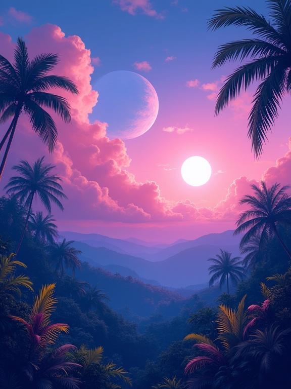 A vivid tropical landscape during twilight. There are luminous planets in the sky with soft pink clouds. Lighting is vivid. Composition leads from the foreground foliage to distant hills, creating a sense of depth and tranquility. The style is inspired by dreamy impressionistic techniques with bright colors.