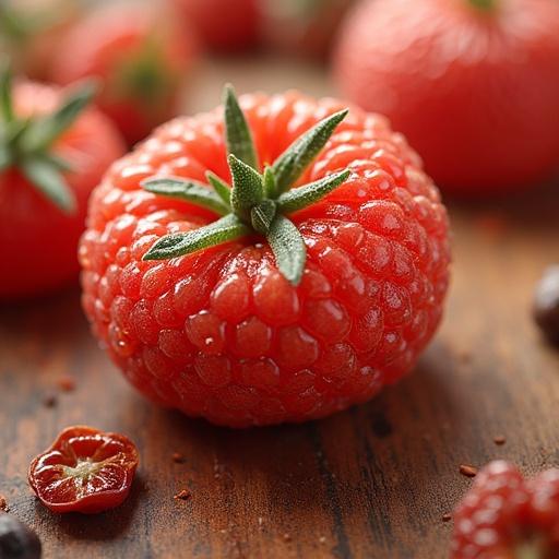 Focus on a ripe raspberry with green leaves. Background includes blurred berries. Captures freshness and detail in food photography.