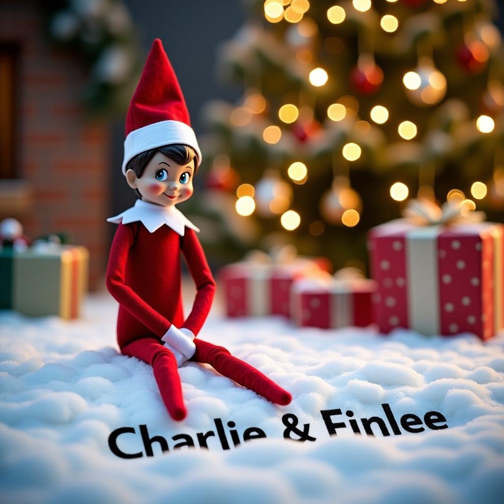 The scene features a charming Elf on the Shelf sitting outside in the snow. The elf is dressed in a classic red outfit with white accents and has a cheerful smile. It is writing the name 'Charlie & Finlee' in the freshly fallen snow. In the background, a beautifully decorated Christmas tree twinkles with colorful lights and ornaments. Nearby, presents wrapped in festive colors enhance the joyful holiday atmosphere. Overall, the setting exudes a warm and magical feel, perfect for celebrating the Christmas season.