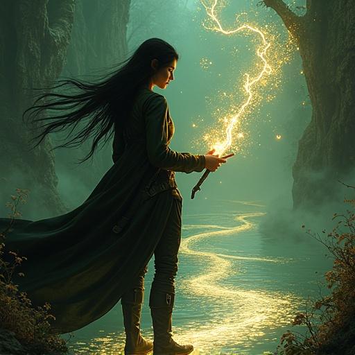 Silhouette of a black-haired mage-woman in leather doublet and high boots casting wind magic over river. She looms over mother-of-pearl sheet with golden patterns. Wielding scepter, depicted items: tiger at waterfall, guard kneeling before queen, spaceship toward star, dragon awakening, mysterious face with scroll, dolls watching cat. Side-view portrait with cosmic elements. 8k details.