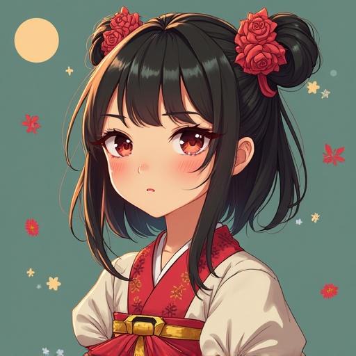 Portrait of a young girl in traditional Japanese clothing. She has long black hair with flowers in her hair. The background features simple elements like leaves and a moon.